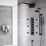The Exquisite 22'' Matte Black 5-Way Thermostatic Shower Faucet with Waterfall, Rain Massage, Body Jet Spray, regular head and Sliding Bar