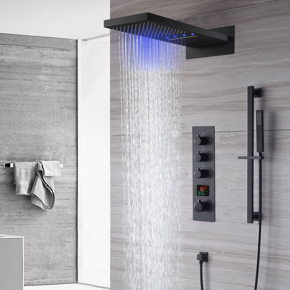 waterfall rainfall 22'' matte black 3 Way digital display Thermostatic Shower Faucet system with sliding bar