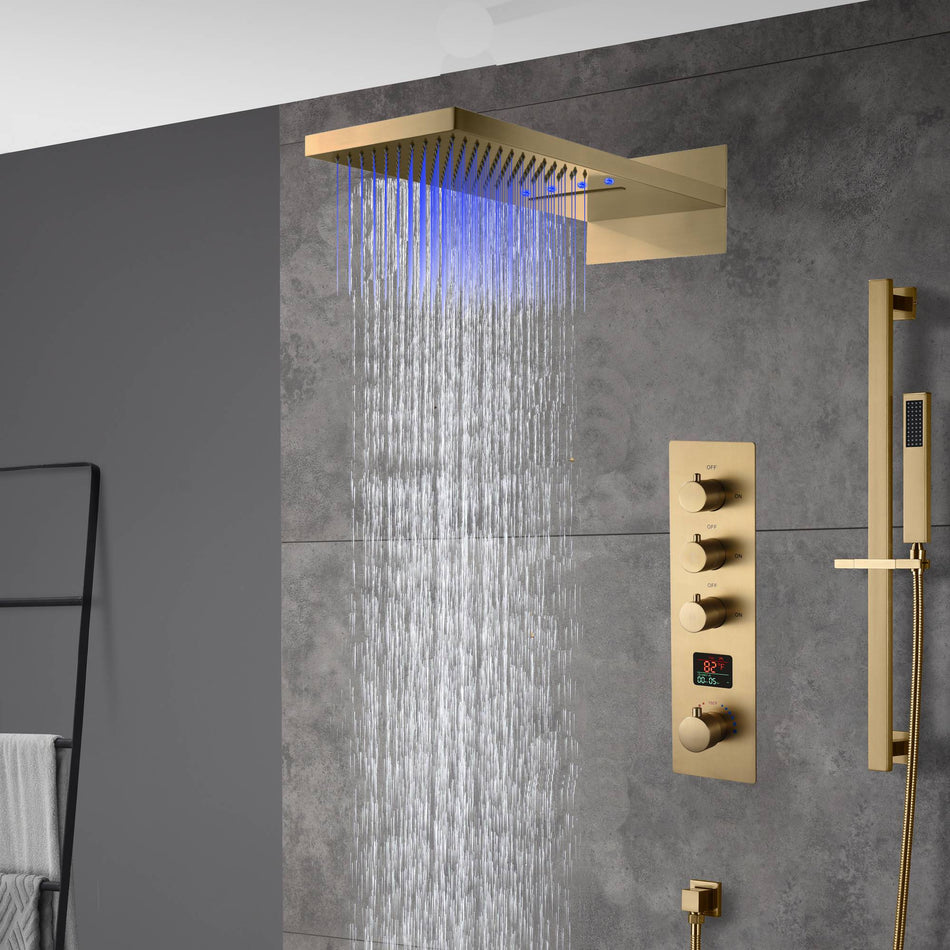 The Exquisite 22-Inch Brushed Gold 3-Way Digital Display Thermostatic Shower Valve System with Simultaneous and Individual Functionality