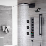 The Exquisite 22'' Matte Black 5-Way Thermostatic Shower Faucet with Waterfall, Rain Massage, Body Jet Spray, regular head and Sliding Bar