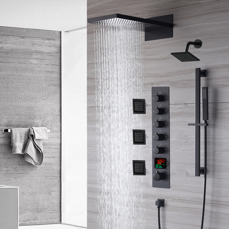 The Exquisite 22'' Matte Black 5-Way Thermostatic Shower Faucet with Waterfall, Rain Massage, Body Jet Spray, regular head and Sliding Bar