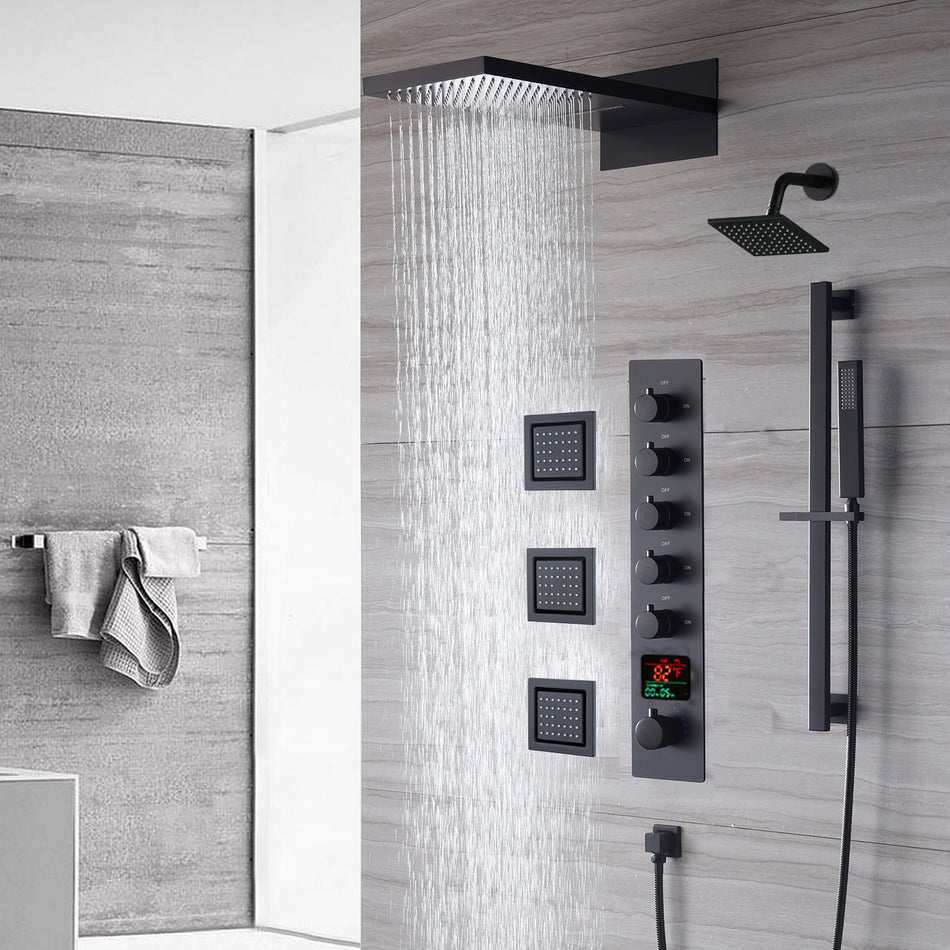 The Exquisite 22'' Matte Black 5-Way Thermostatic Shower Faucet with Waterfall, Rain Massage, Body Jet Spray, regular head and Sliding Bar