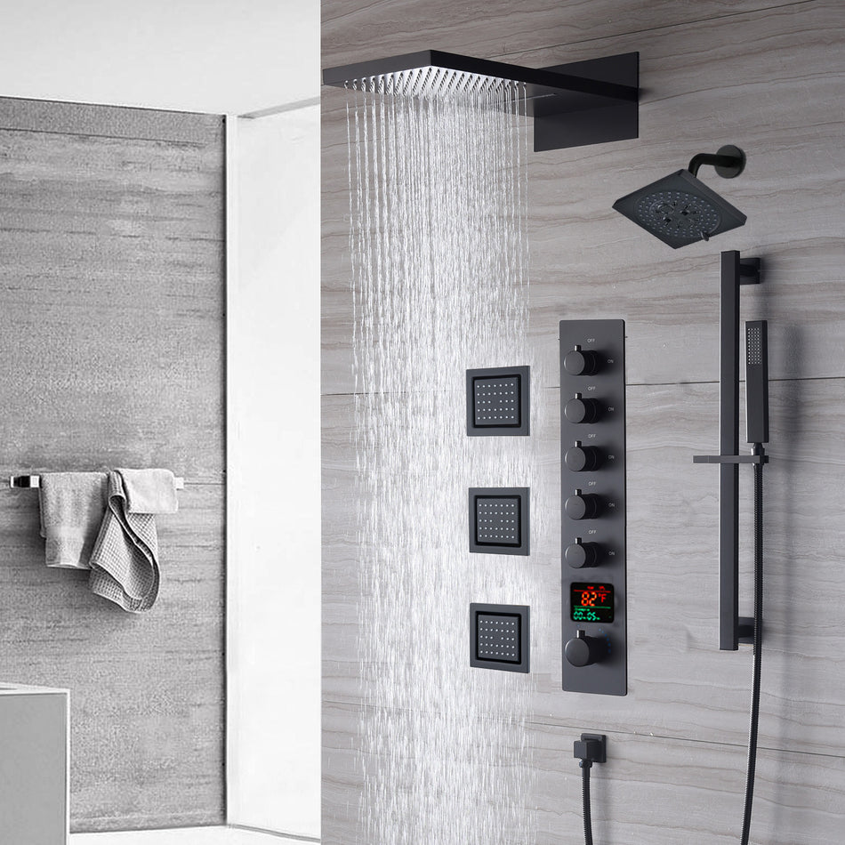 The Exquisite 22'' Matte Black 5-Way Thermostatic Shower Faucet with Waterfall, Rain Massage, Body Jet Spray, regular head and Sliding Bar