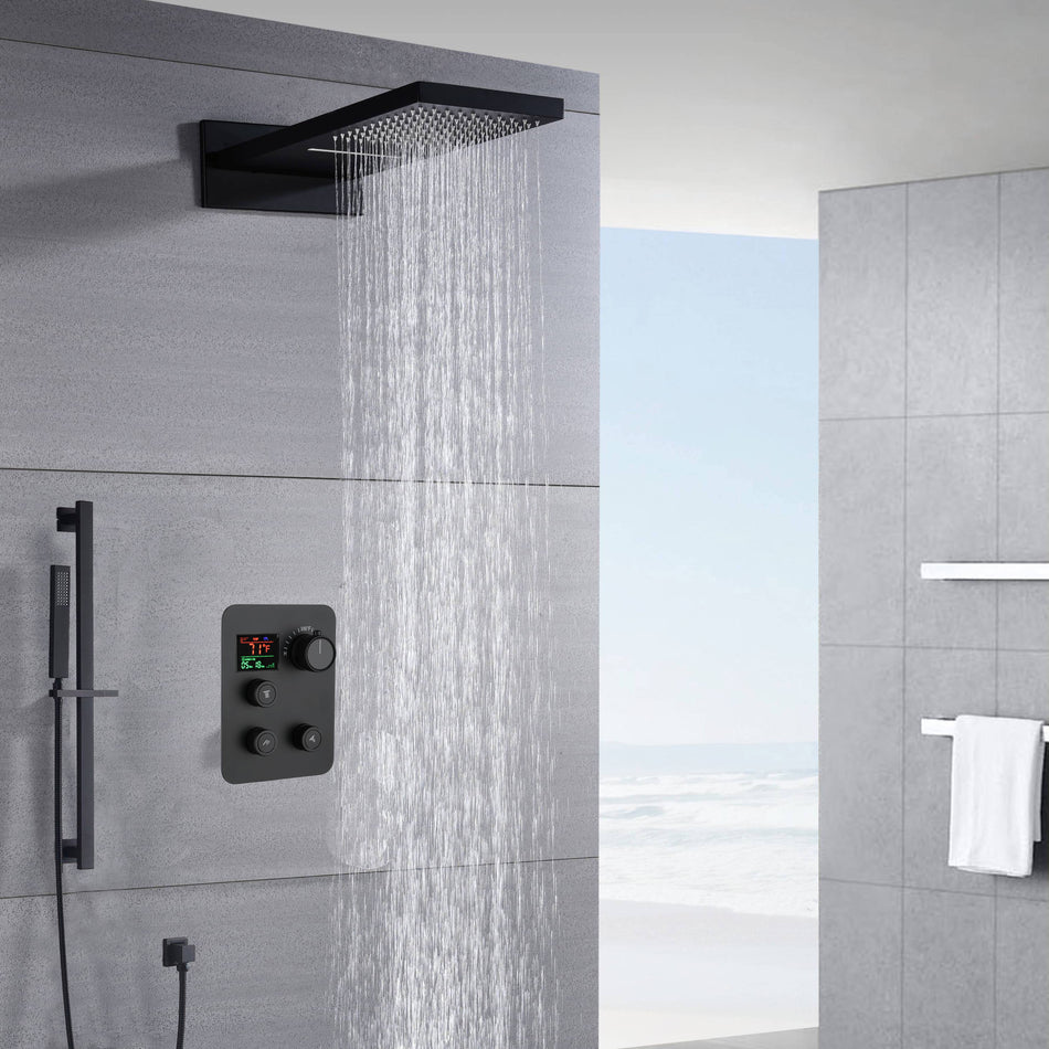 22" Matte Black Rainfall/Waterfall Shower Head with 3-Way Thermostatic Faucet, Optional LED