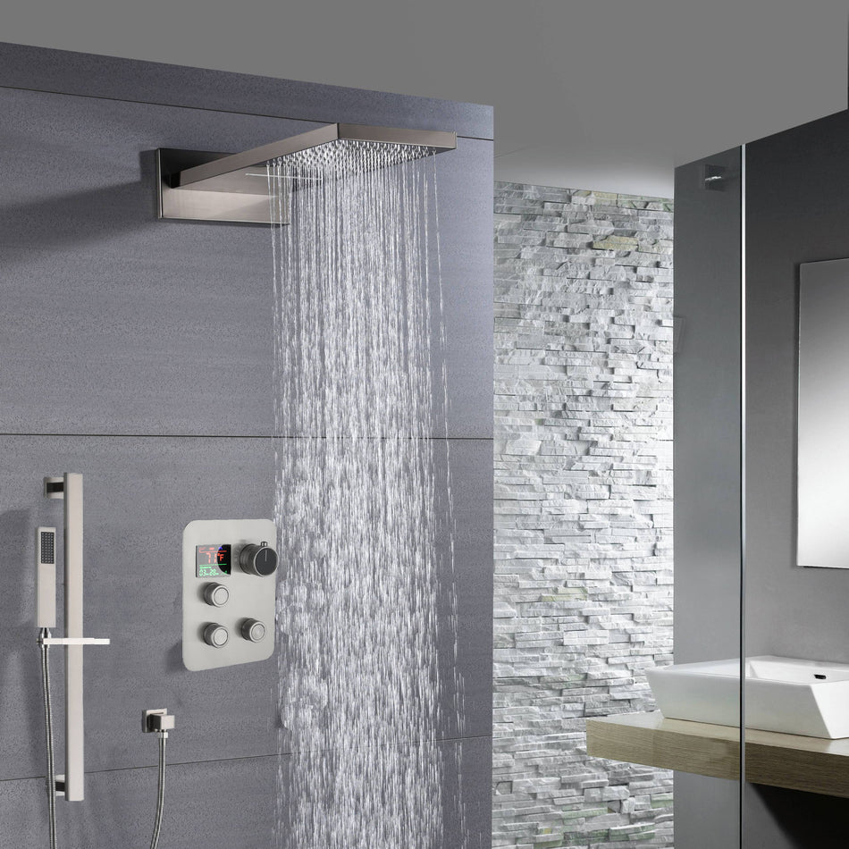22" Brushed nickel 3 way Thermostatic display valve Rain & Waterfall Shower Faucet