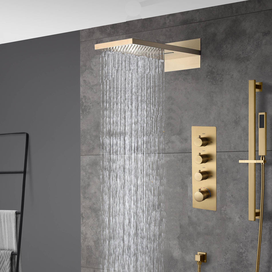 The Exquisite 22-Inch Brushed Gold 3-Way Digital Display Thermostatic Shower Valve System with Simultaneous and Individual Functionality