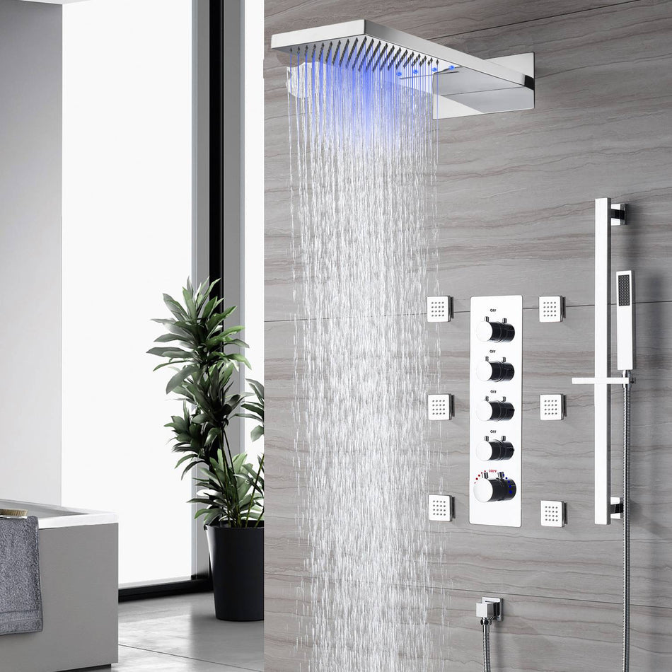 The Ultimate 22'' Chrome 4-Way Thermostatic Shower Faucet with Waterfall, Rain Massage, Body Jet Spray, and Sliding Bar