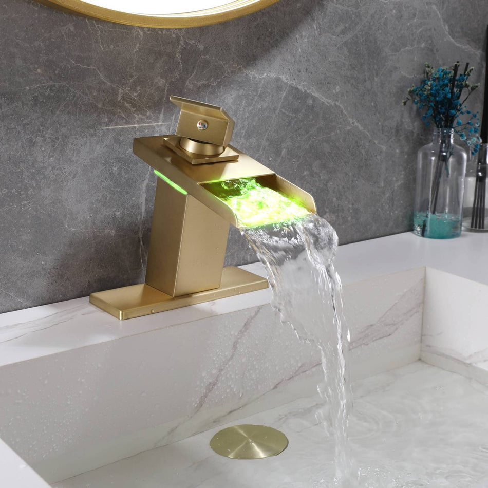 Brushed Gold Single Handle Single Hole 3 LED Light Mixer Widespread Waterfall bathroom sink Faucet with drain