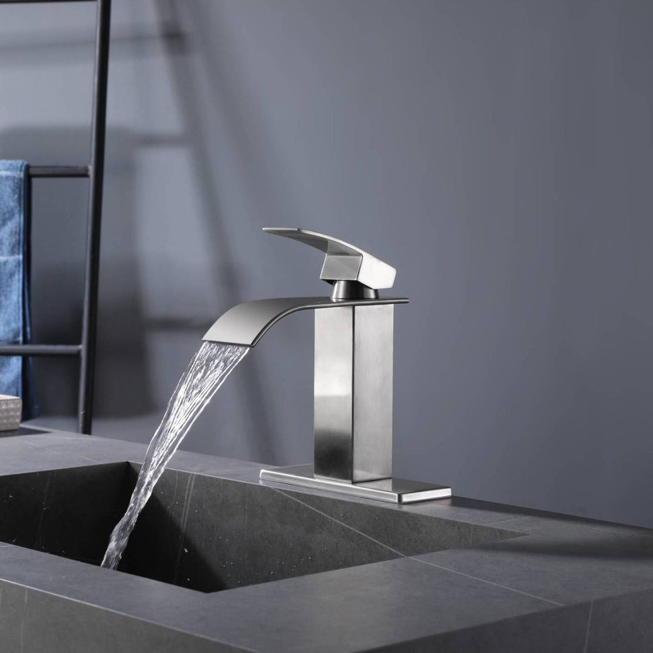 Brushed nickel waterfall Bathroom Faucet brass with plate and brass pop up drain - wonderland shower inc