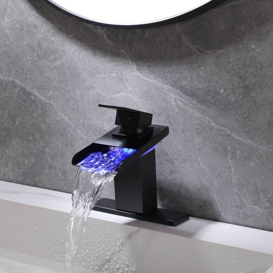 Matte Black Single Handle Single Hole 3 LED Light Mixer Widespread Waterfall bathroom sink Faucet with drain