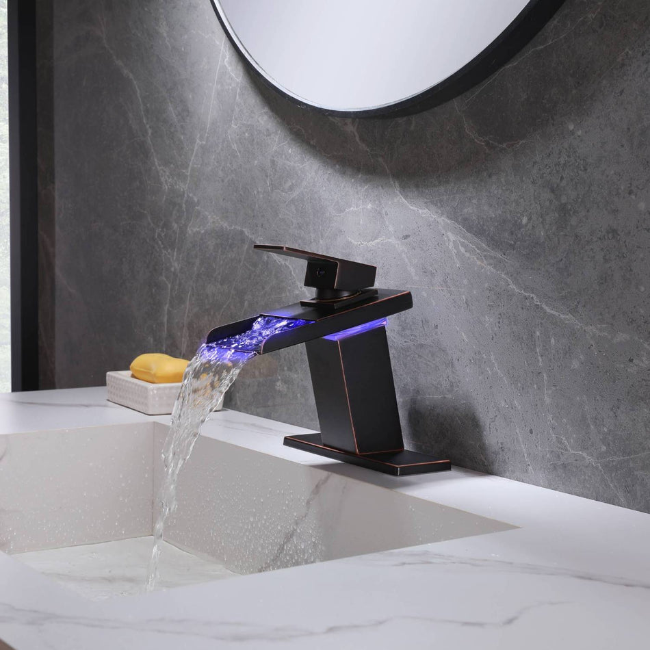 Oil Rubbered Bronze Single Handle Single Hole 3 LED Light Mixer Widespread Waterfall bathroom sink Faucet with drain
