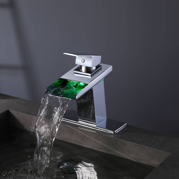 Chrome waterfall 3 LED light single handle brass bathroom faucet with pop up brass drain - wonderland shower inc