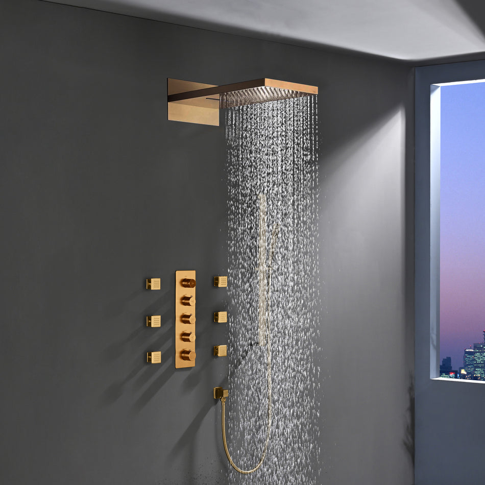 The Ultimate 22'' Brushed Nickel or brushed gold 4-Way Thermostatic Shower Faucet with Waterfall, Rain Massage, Body Jet Spray, and Sliding Bar