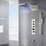 Wall-Mounted 22-Inch Brushed Nickel 3-Way Digital Thermostatic Shower Faucet with Rainfall, Waterfall, and Sliding Bar