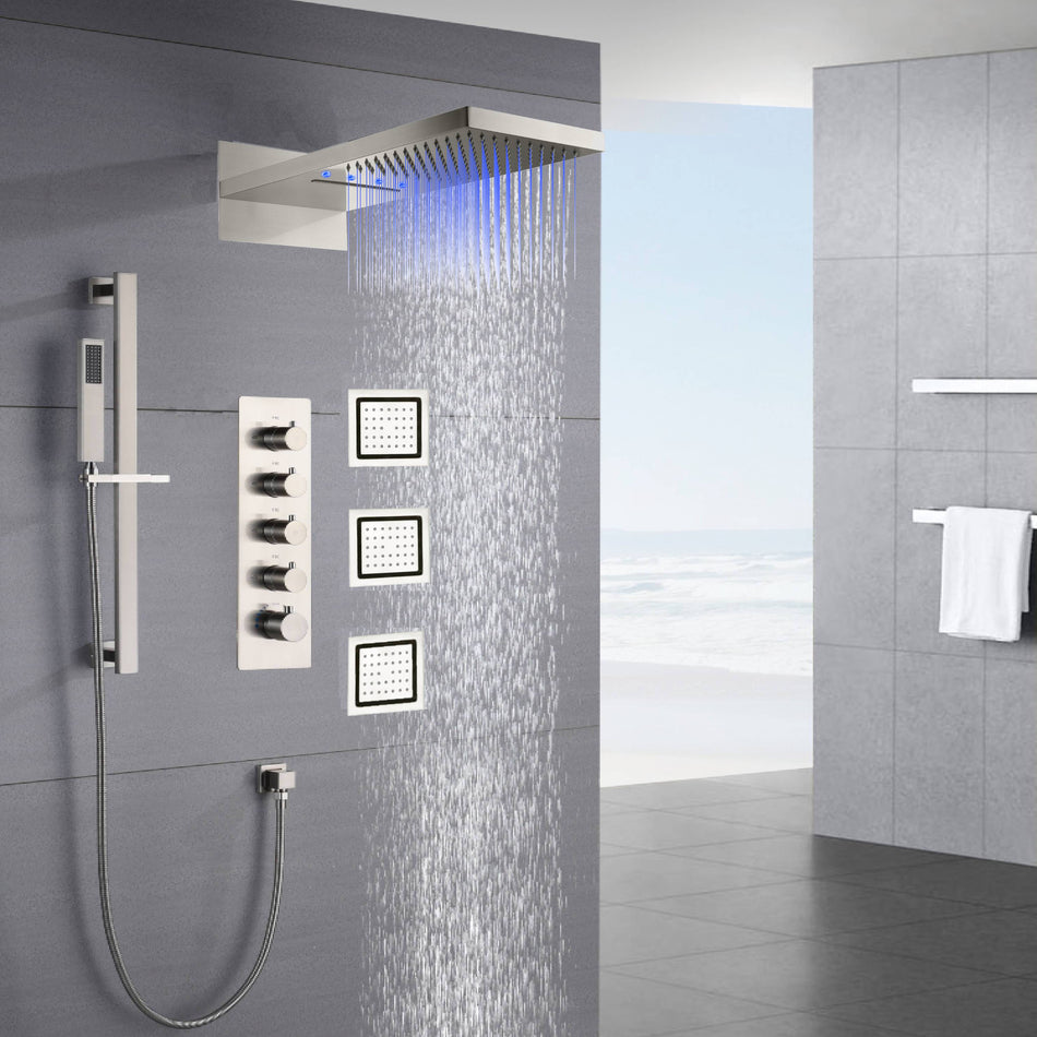 22inch rainfall and waterfall Brushed Nickel 4 Way Thermostatic Shower Faucet with 4inch Body Jet