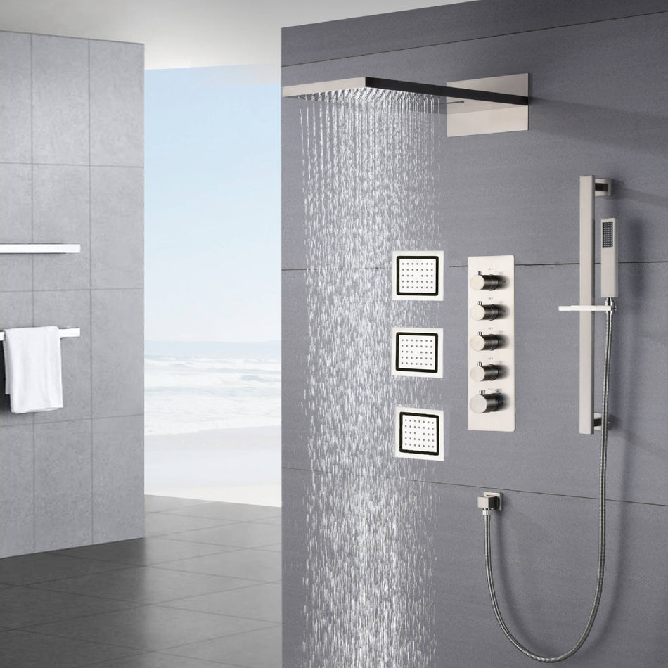 22inch rainfall and waterfall Brushed Nickel 4 Way Thermostatic Shower Faucet with 4inch Body Jet