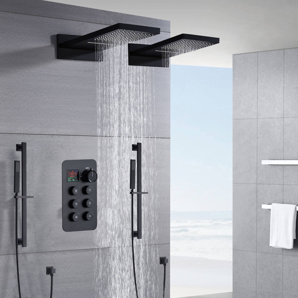 Dual 22" Matte Black Rainfall/Waterfall Shower Head with 6-Way Thermostatic Faucet,Dual Handle Wands