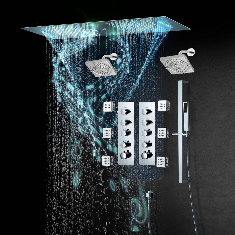 Chrome or matte black or brushed gold or brsuehd nickel 35" Bluetooth Music LED Shower System with Waterfall, 8-Way Thermostatic Valve, Dual Regular Heads, 6 Body Jets
