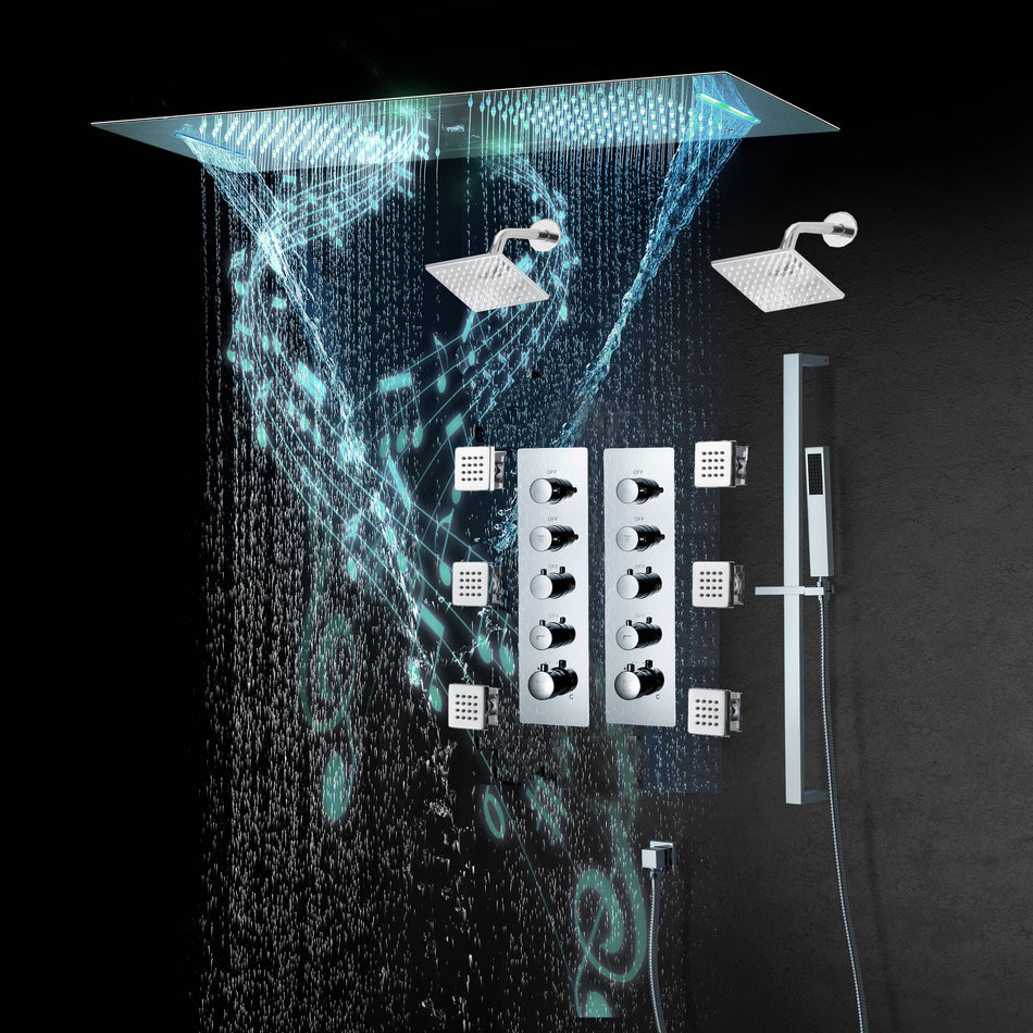 Chrome or matte black or brushed gold or brsuehd nickel 35" Bluetooth Music LED Shower System with Waterfall, 8-Way Thermostatic Valve, Dual Regular Heads, 6 Body Jets