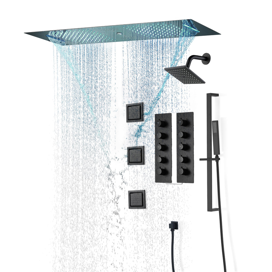 Matte Black Or Brushed nickel or Brushed Gold 35" Bluetooth Music LED Shower System with Waterfall, 8-Way Digital Thermostatic Valve, 3 Body Jets and regular head