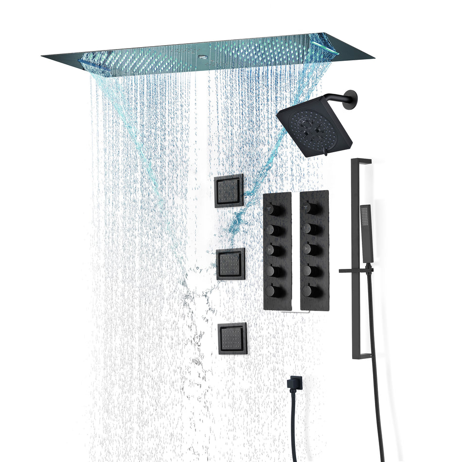 Matte Black Or Brushed nickel or Brushed Gold 35" Bluetooth Music LED Shower System with Waterfall, 8-Way Digital Thermostatic Valve, 3 Body Jets and regular head