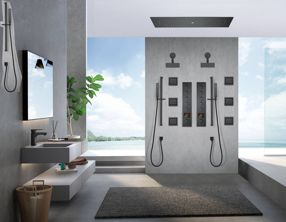 Matte Black 35" Bluetooth Music LED Shower System with Waterfall, 5-Way Digital Thermostatic Valve, 6 Body Jets