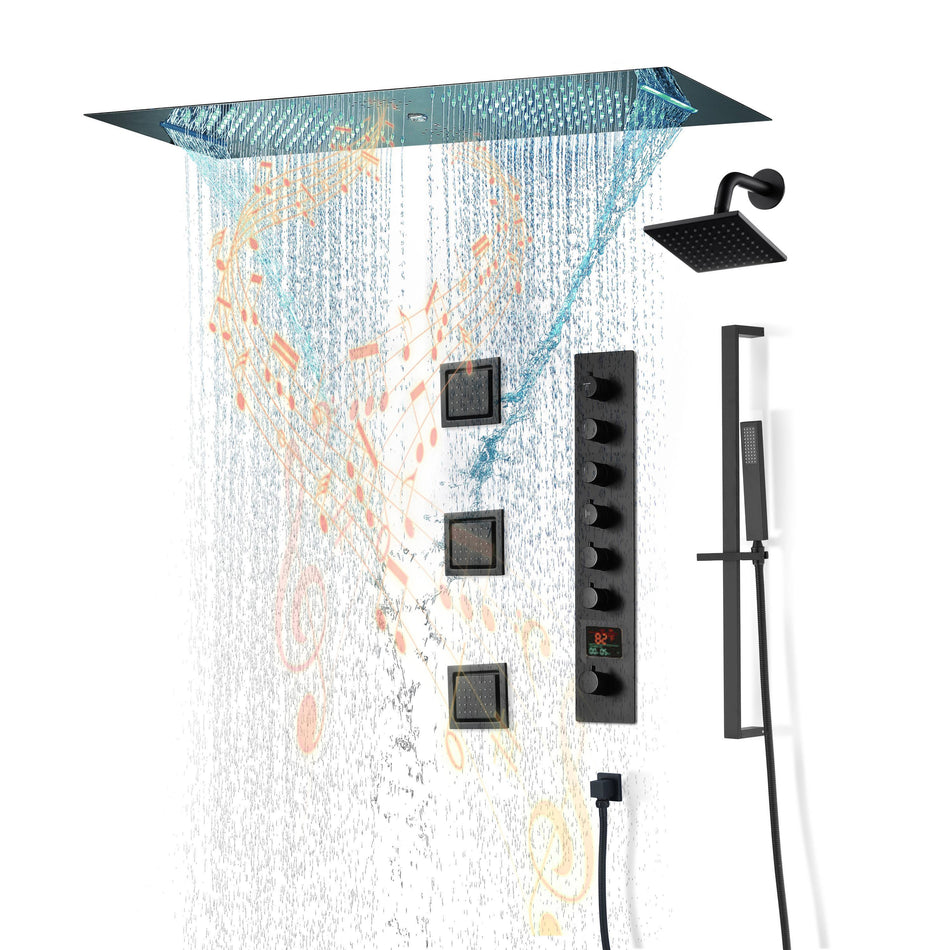Matte Black Or Brushed nickel 35" Bluetooth Music LED Shower System with Waterfall, 6-Way Digital Thermostatic Valve, 3 Body Jets
