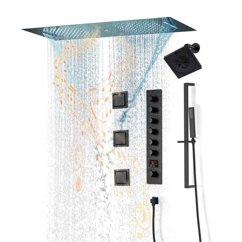 Matte Black Or Brushed nickel 35" Bluetooth Music LED Shower System with Waterfall, 6-Way Digital Thermostatic Valve, 3 Body Jets