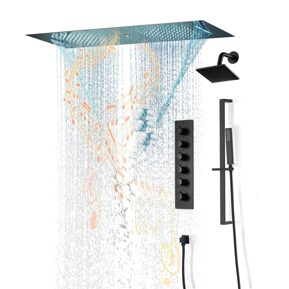 Matte Black 35" Bluetooth Music LED Shower System with Waterfall, 5-Way Digital Thermostatic Valve, Regular Head, Touch Panel