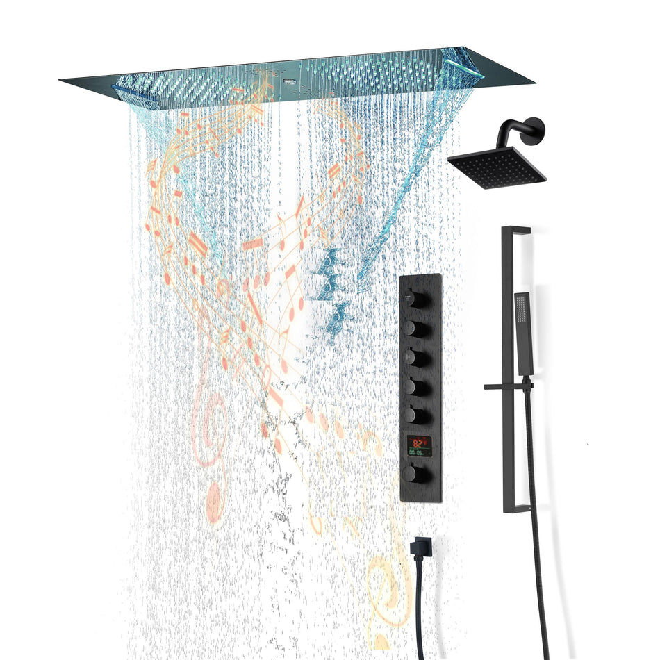 Matte Black 35" Bluetooth Music LED Shower System with Waterfall, 5-Way Digital Thermostatic Valve, Regular Head, Touch Panel