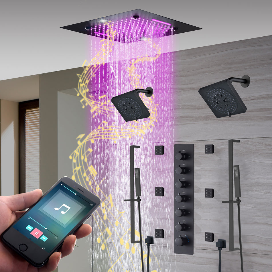 20-Inch Matte Black Or Brushed Gold Rainfall, Waterfall, and Mist Shower System with LED Colors, Bluetooth Music, 6-Way Thermostatic Valve, 6 Body Jets, and Touch Panel