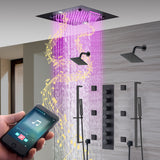 20-Inch Matte Black Or Brushed Gold Rainfall, Waterfall, and Mist Shower System with LED Colors, Bluetooth Music, 6-Way Thermostatic Valve, 6 Body Jets, and Touch Panel