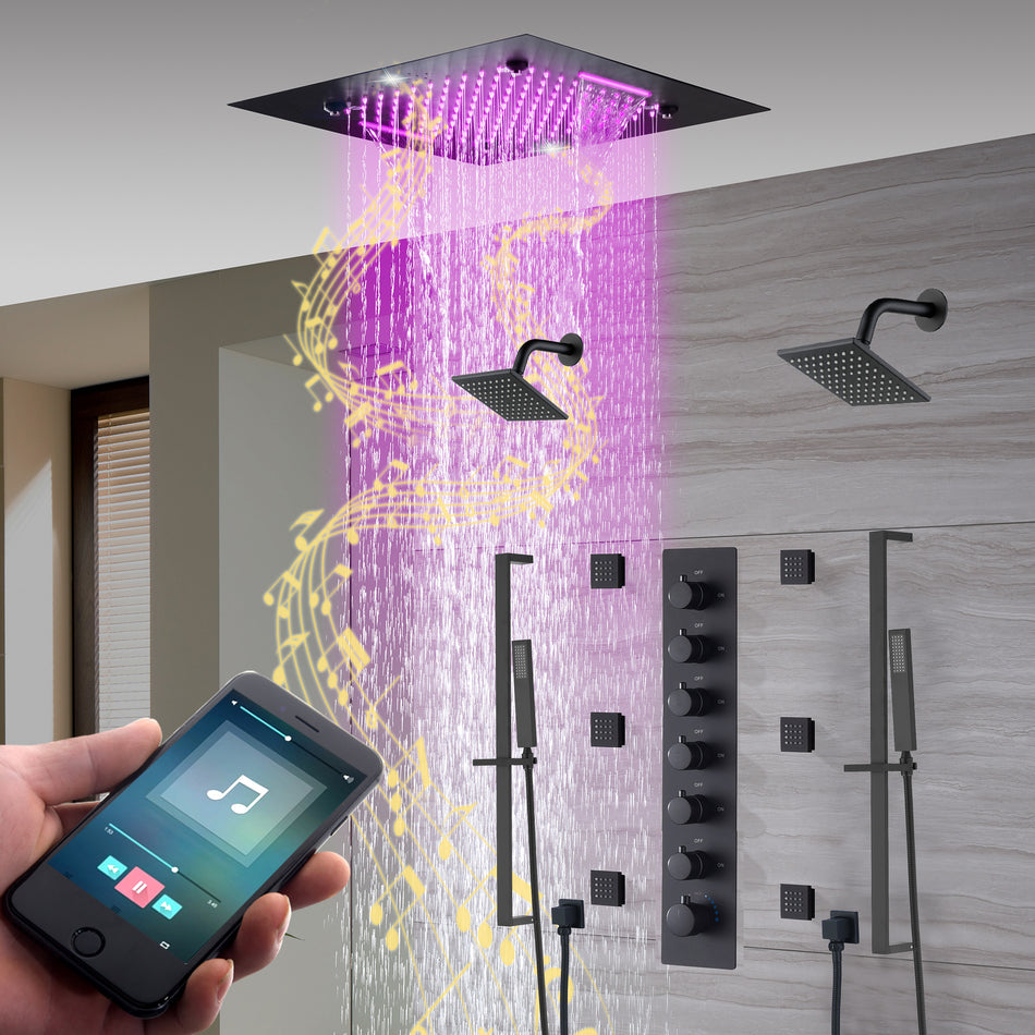 20-Inch Matte Black Or Brushed Gold Rainfall, Waterfall, and Mist Shower System with LED Colors, Bluetooth Music, 6-Way Thermostatic Valve, 6 Body Jets, and Touch Panel