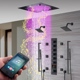 20-Inch Matte Black Or Brushed Gold Rainfall, Waterfall, and Mist Shower System with LED Colors, Bluetooth Music, 6-Way Thermostatic Valve, 6 Body Jets, and Touch Panel