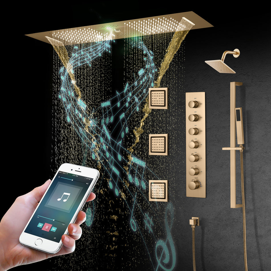 Champagne Bronze 35" Bluetooth Music LED Shower System with Waterfall, 6-Way Thermostatic Valve, 3 Body Jets,Regular Head Touch Panel