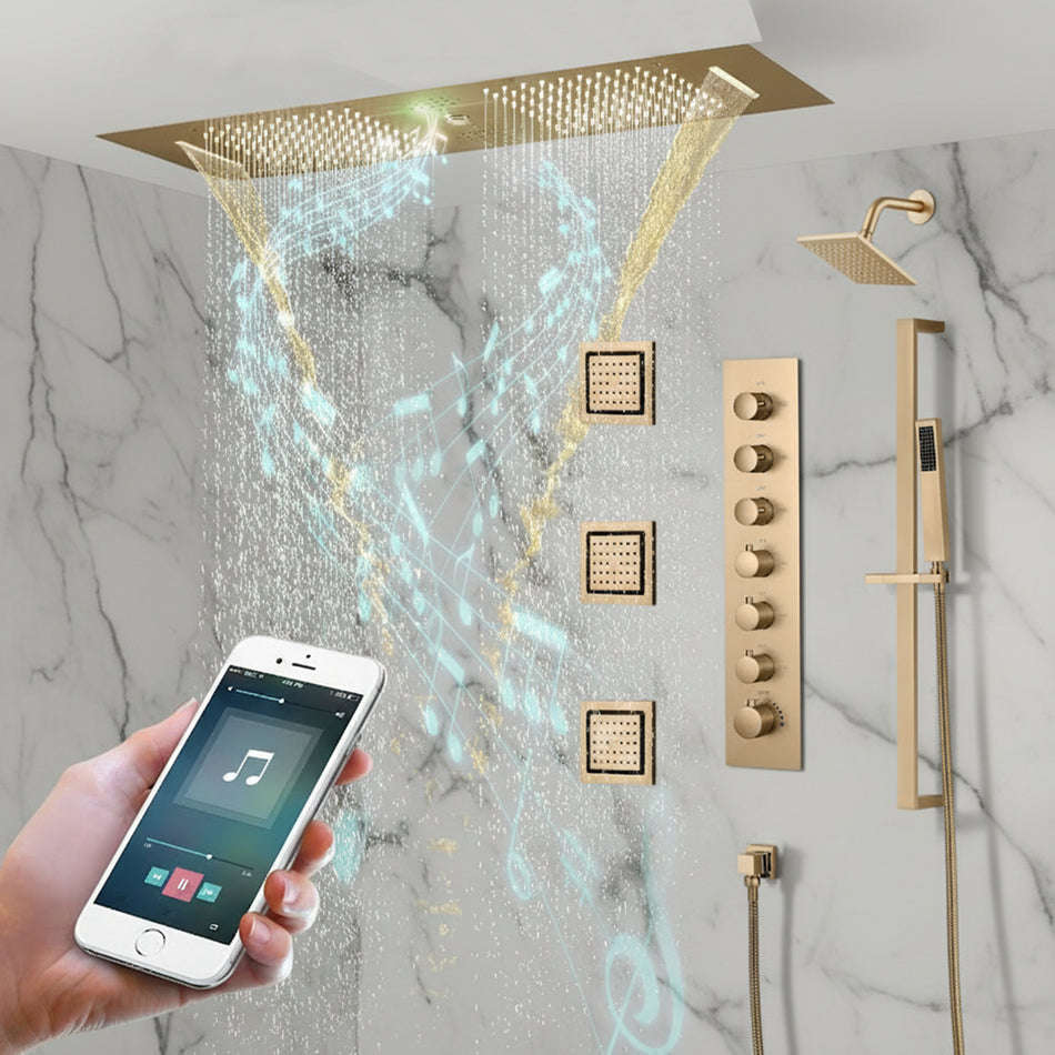 Champagne Bronze 35" Bluetooth Music LED Shower System with Waterfall, 6-Way Thermostatic Valve, 3 Body Jets,Regular Head Touch Panel