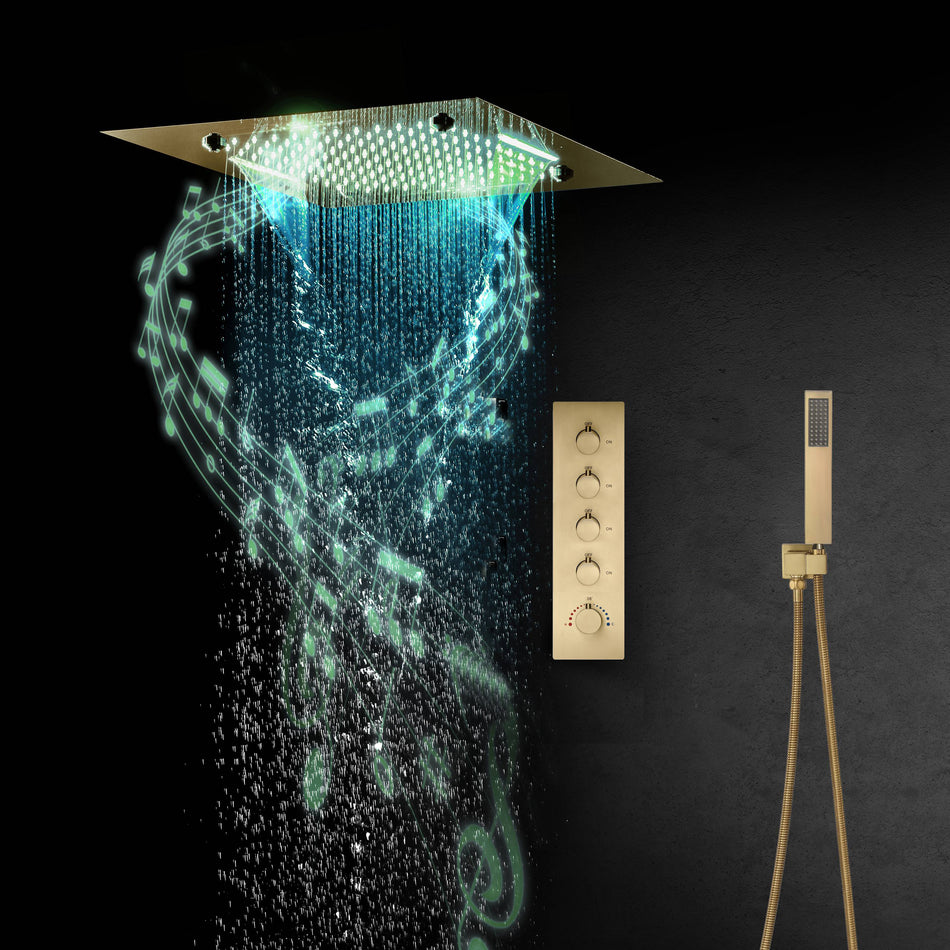Brushed Gold 4-Way Thermostatic Shower System with 20-Inch LED Rainfall, Waterfall, and Mist Functions, Bluetooth Music and Touch Panel Control, Flush-Mounted Design