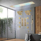 Chrome or matte black or brushed gold or brsuehd nickel 35" Bluetooth Music LED Shower System with Waterfall, 8-Way Thermostatic Valve, Dual Regular Heads, 6 Body Jets