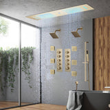 Chrome or matte black or brushed gold or brsuehd nickel 35" Bluetooth Music LED Shower System with Waterfall, 8-Way Thermostatic Valve, Dual Regular Heads, 6 Body Jets