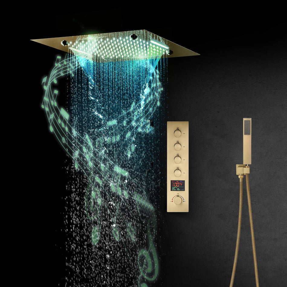 Brushed Gold 4-Way Thermostatic Shower System with 20-Inch LED Rainfall, Waterfall, and Mist Functions, Bluetooth Music and Touch Panel Control, Flush-Mounted Design