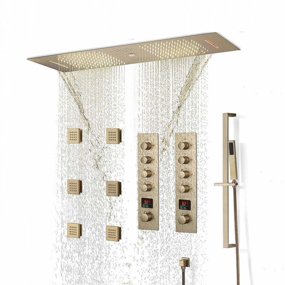 Brushed Gold 35" Bluetooth Music LED Shower System with Waterfall, 4-Way Digital Thermostatic Valve, 6 Body Jets, Touch Panel