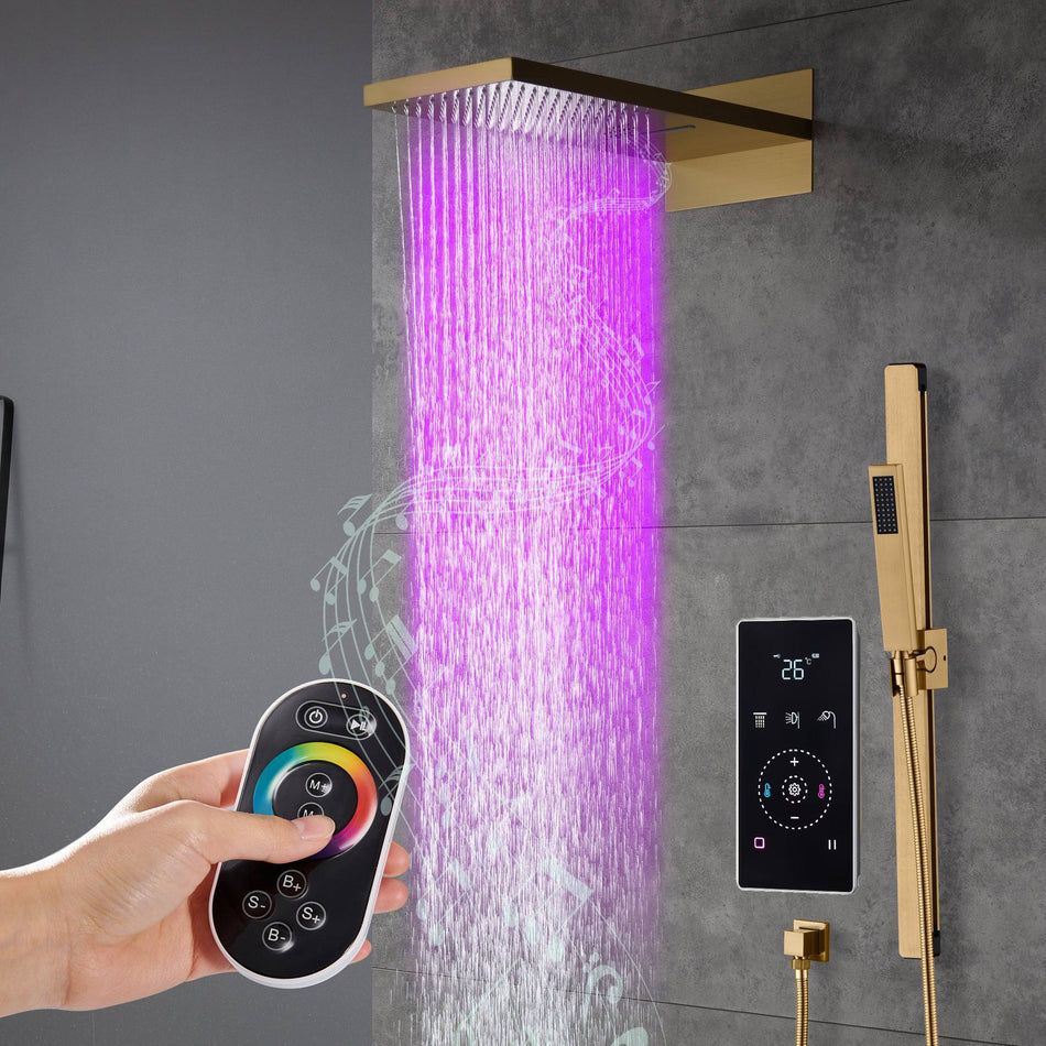 22" Bluetooth Music LED Shower System with 3-Way Thermostatic Faucet, Rainfall, Waterfall, Sliding Bar