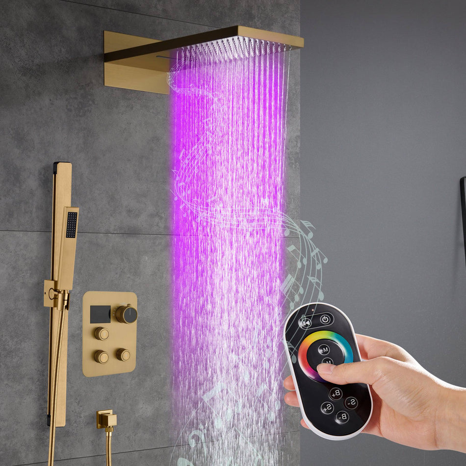 22" Bluetooth Music LED Shower System with 3-Way Thermostatic Faucet and Multiple Functions, 3 Finishes