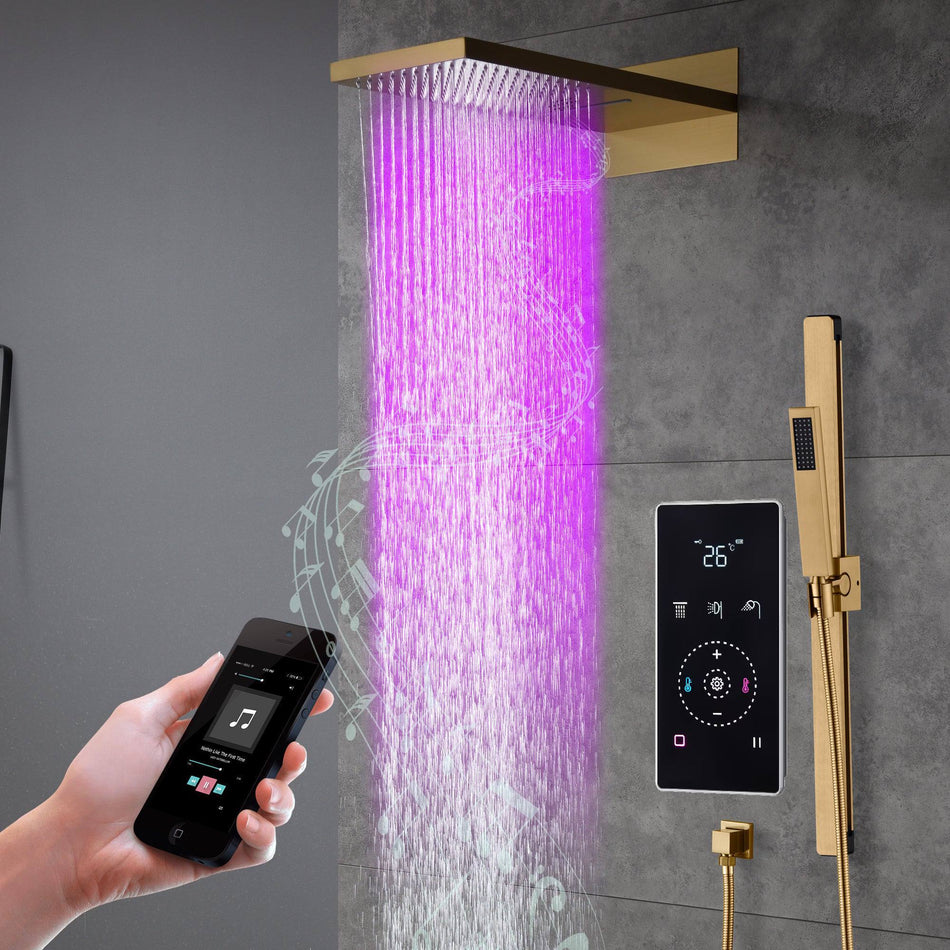 22" Bluetooth Music LED Shower System with 3-Way Thermostatic Faucet, Rainfall, Waterfall, Sliding Bar