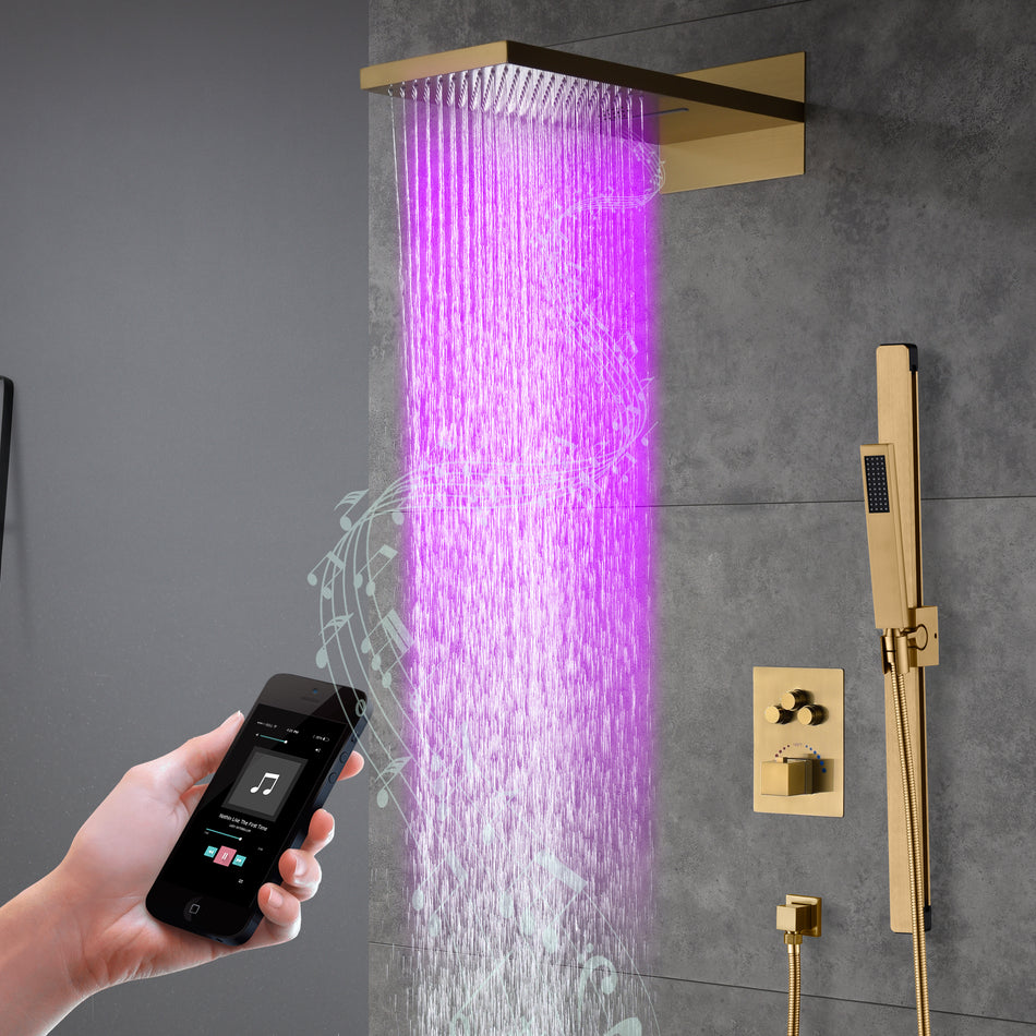 22-Inch Bluetooth Music 64 Led Lights 3-Way Thermostatic Shower Faucet with Rainfall, Waterfall, and Sliding Bar,4 Finishes Available