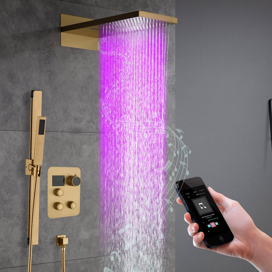 22" Bluetooth Music LED Shower System with 3-Way Thermostatic Faucet and Multiple Functions, 3 Finishes