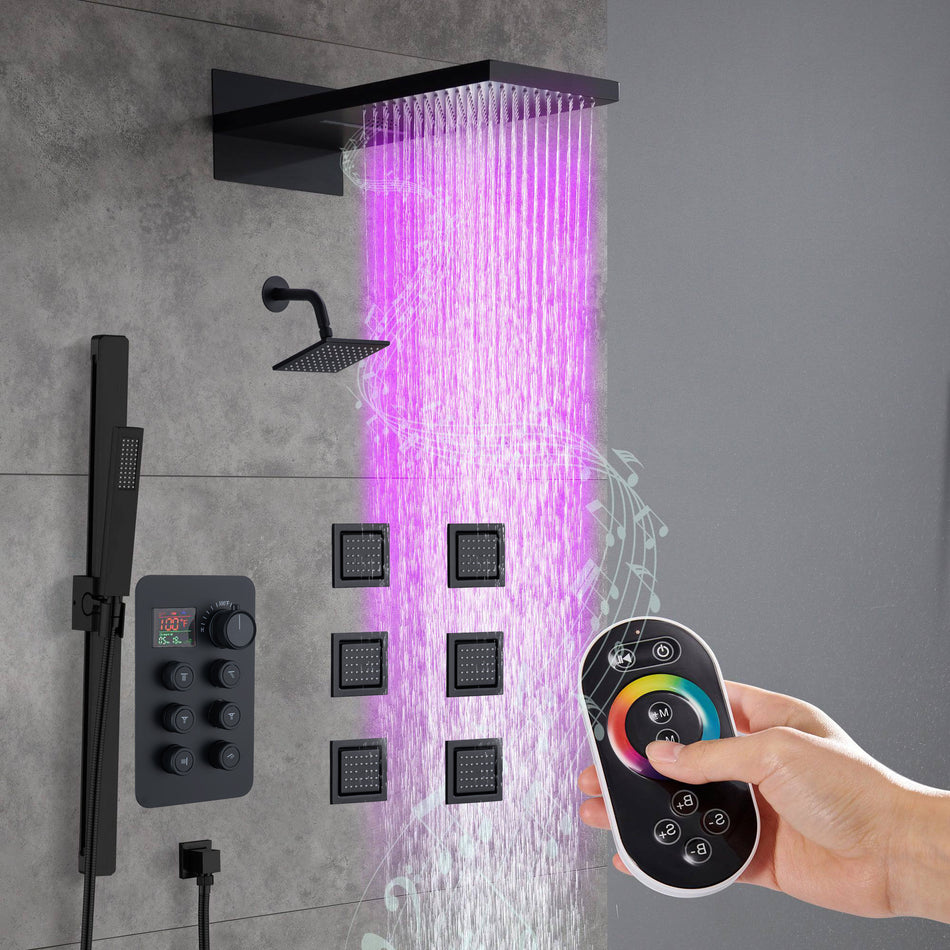 22" Rainfall Waterfall 64 Led Light and Bluetooth Music Shower System with 6-Way Thermostatic Faucet, Single Regular Head,6 Body Jets