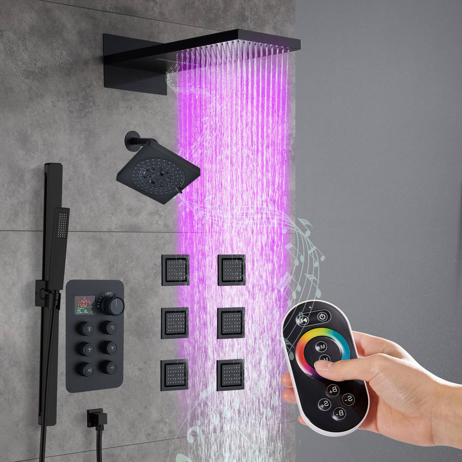 22" Rainfall Waterfall 64 Led Light and Bluetooth Music Shower System with 6-Way Thermostatic Faucet, Single Regular Head,6 Body Jets