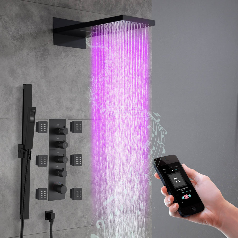 22" Bluetooth Music LED Shower System with 4-Way Thermostatic Faucet and Multiple Functions, 3 Finishes