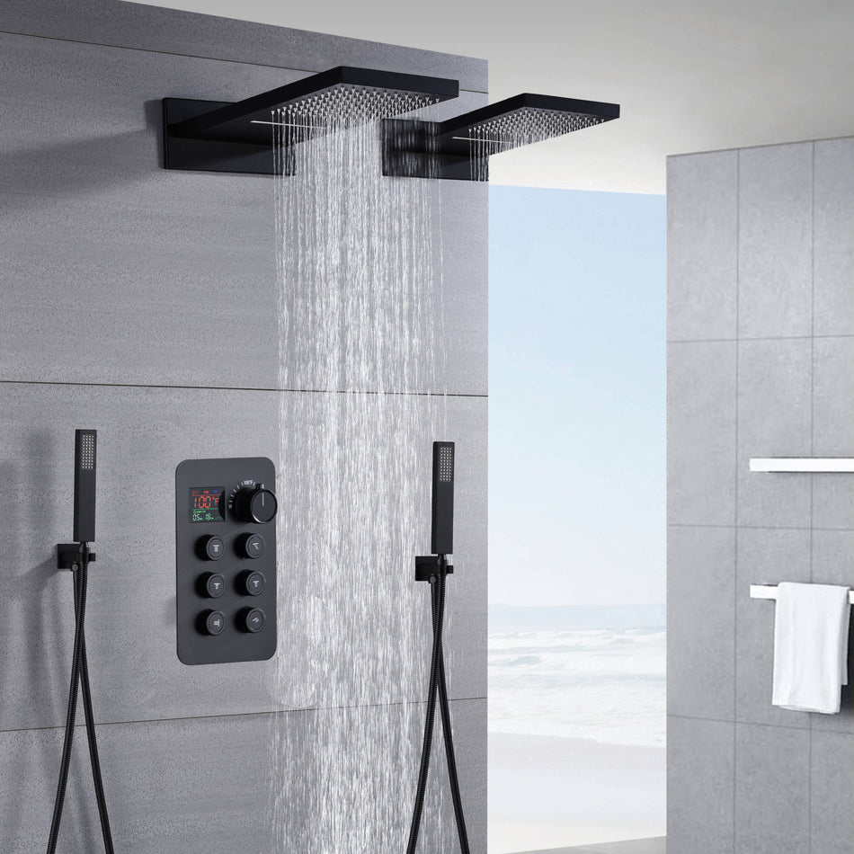 Dual 22" Matte Black Rainfall/Waterfall Shower Head with 6-Way Thermostatic Faucet,Dual Handle Wands